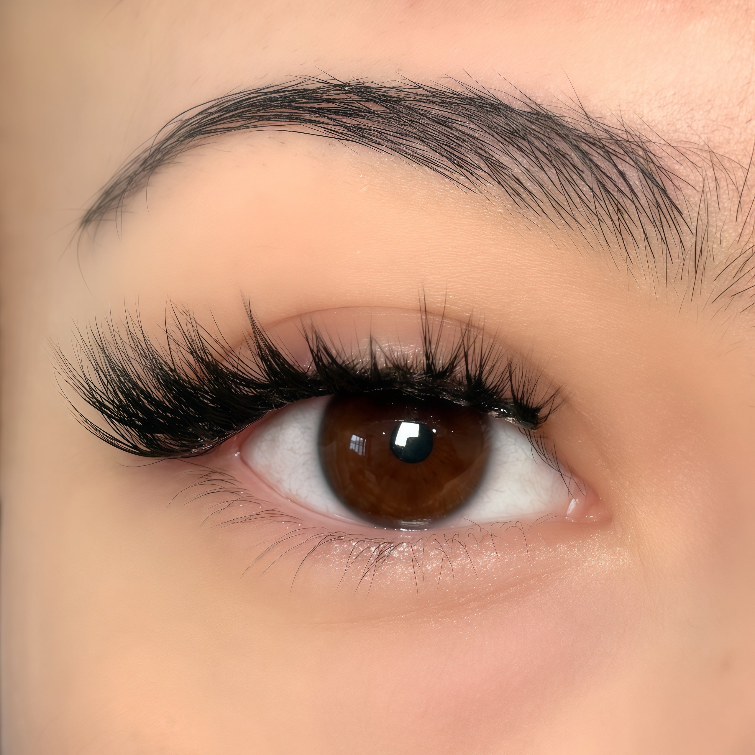 Close-up of an almond-shaped brown eye with wispy, pointed cat-eye false eyelashes applied to the upper lash line