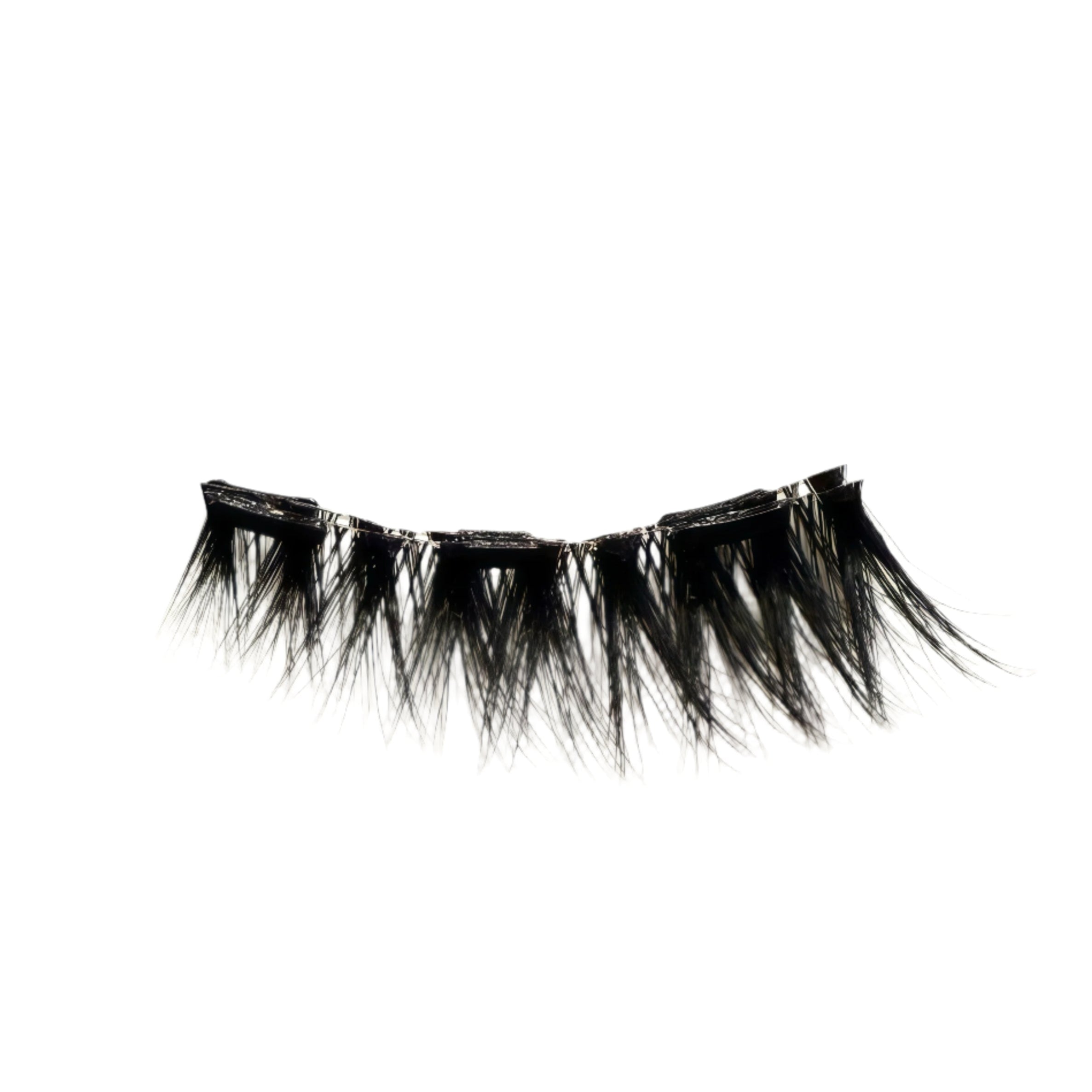 Wispy, pointed cat-eye false eyelash on a white background.