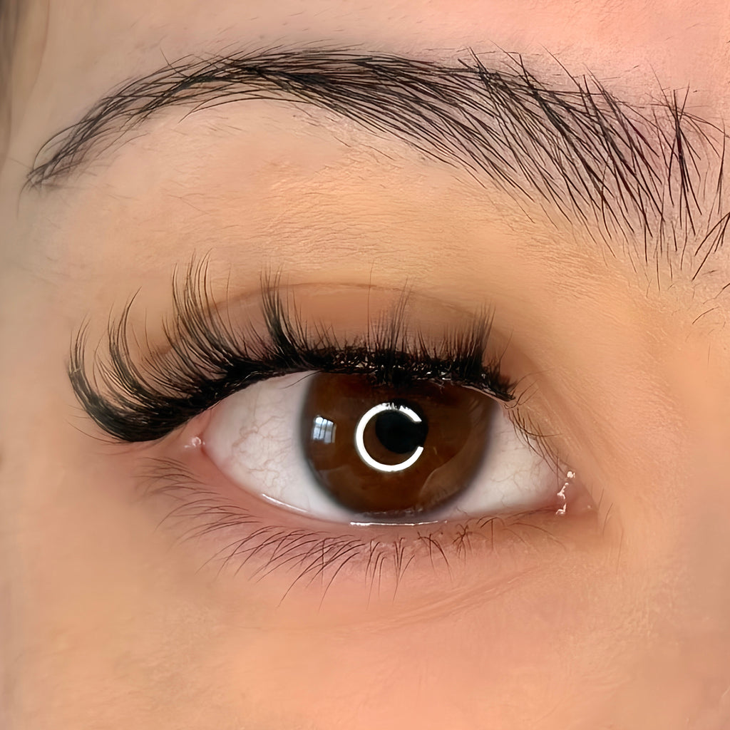 Close-up of a brown eye with long eyelashes