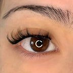 Close-up of a brown eye with long eyelashes